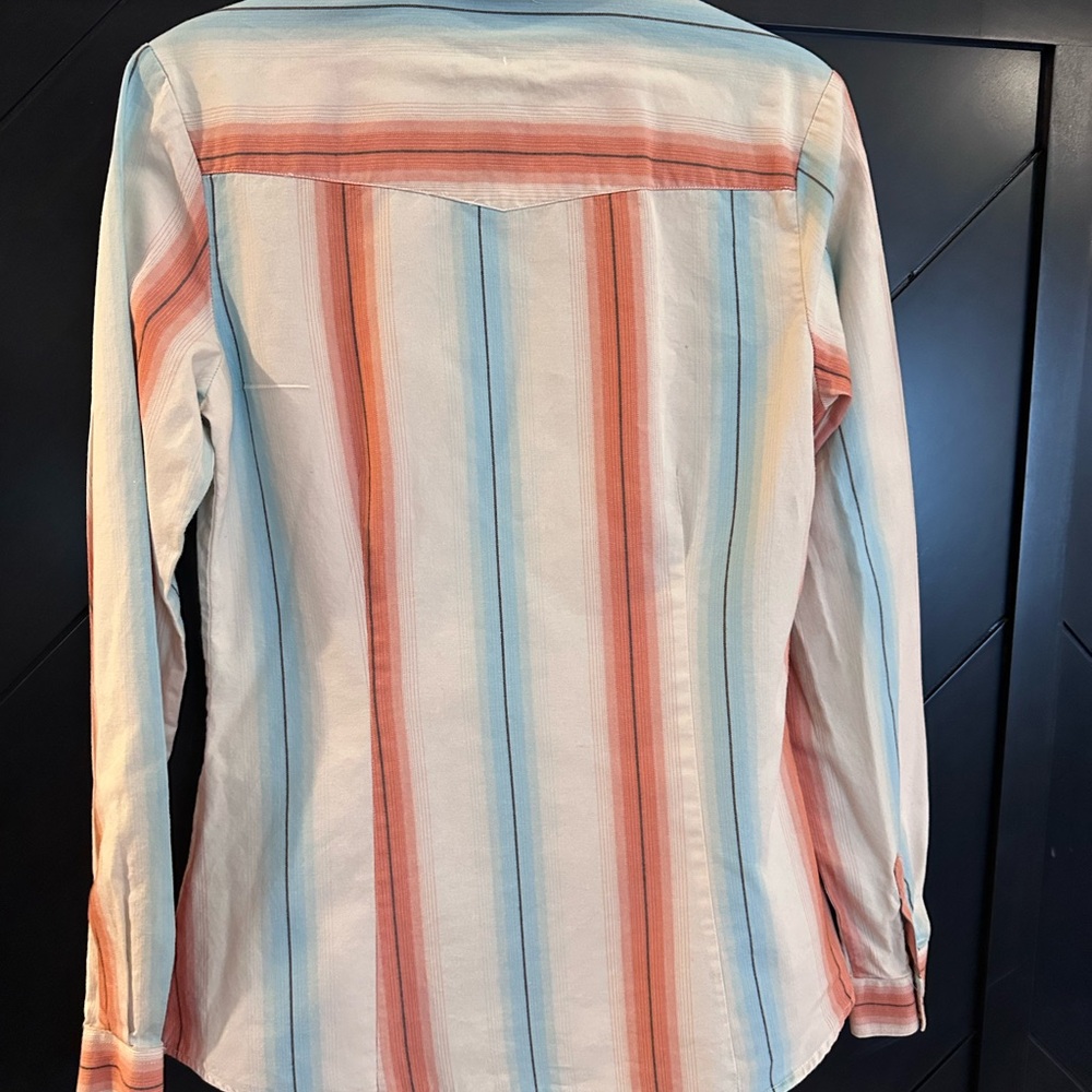 Sherry Cervi Women’s Striped Button-Front Shirt in Coral & Sky Blue - Picture 4 of 4